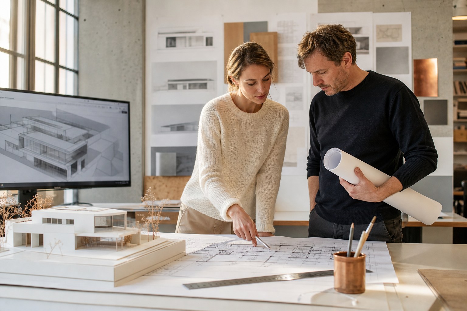 Architektin und Architekt am Plantisch mit Grundriss, Modell und CAD-Monitor