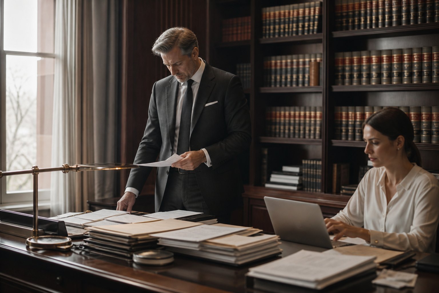 Anwalt in klassischer Kanzlei mit dunklen Bücherregalen, Schreibtisch voller Akten, Mitarbeiter am Laptop