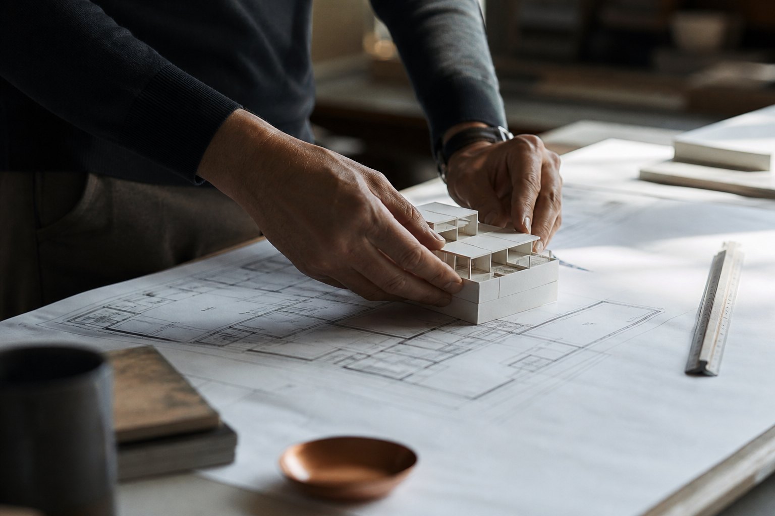 Hände legen ein Architekturmodell auf einen Grundriss