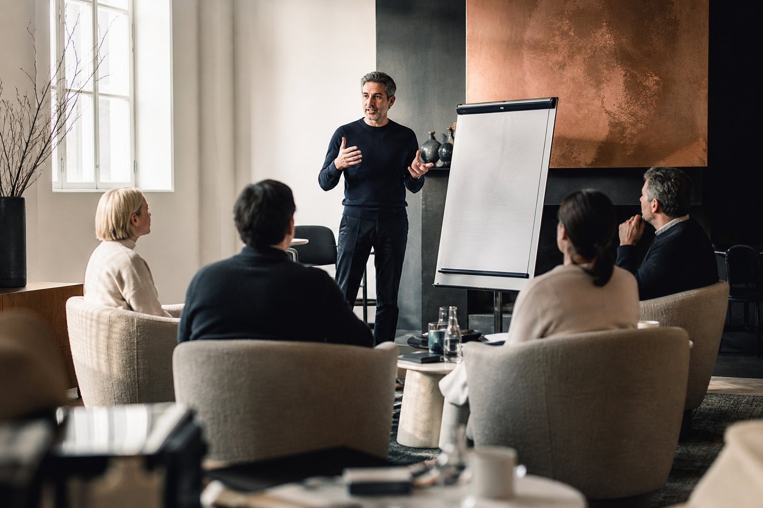 Business-Coach spricht vor einer kleinen Seminargruppe in einem hellen modernen Raum, daneben ein Flipchart