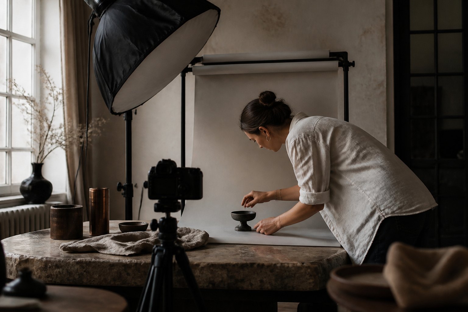 Produktfoto-Setup mit Softbox, Kamera auf Stativ und Produkt auf sauberem Hintergrund