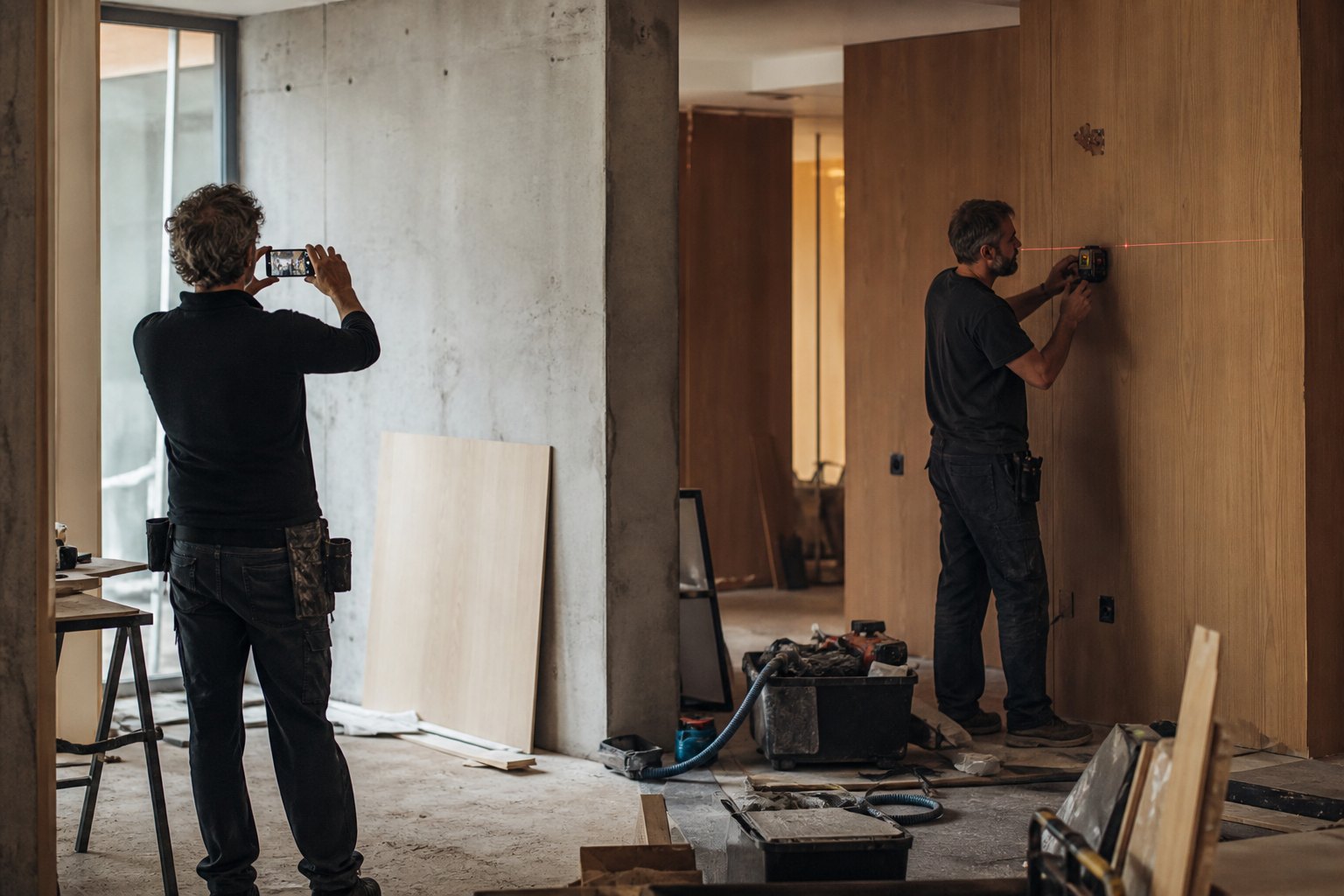 Zwei Handwerker in Arbeitskleidung auf der Baustelle: einer fotografiert eine Wand mit dem Smartphone, der andere misst mit dem Lasermessgerät
