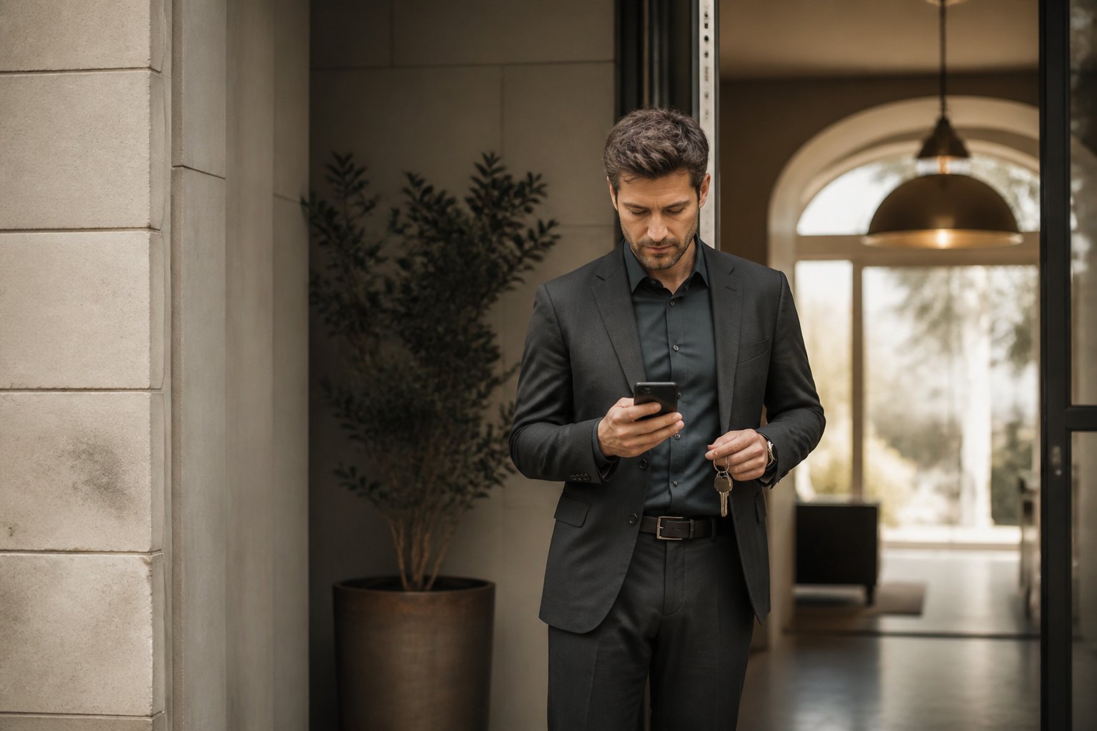 Makler vor einem Hauseingang beantwortet Nachrichten am Smartphone, Schlüssel in der Hand