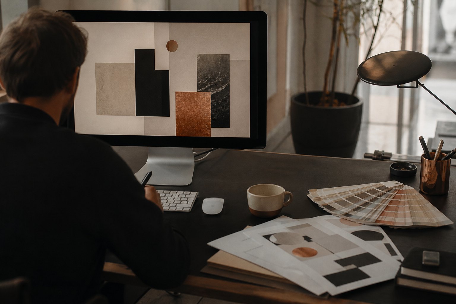 Designer-Schreibtisch mit großem Monitor, Poster-Layout und Pantone-Fächern