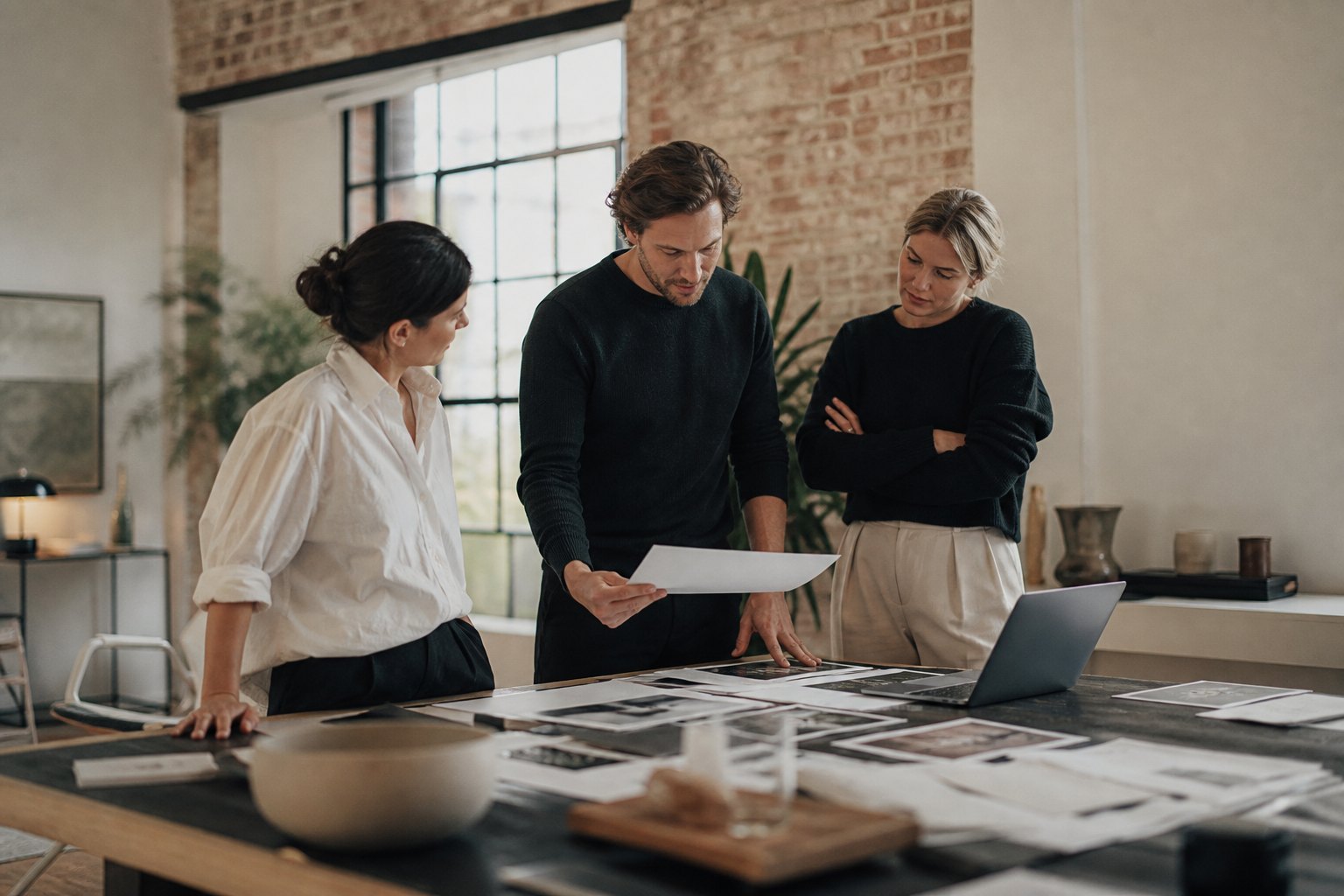 Drei Kolleginnen und Kollegen in einem hellen Agentur-Loft um einen Tisch mit ausgedruckten Layouts, Farbfächern und Laptop