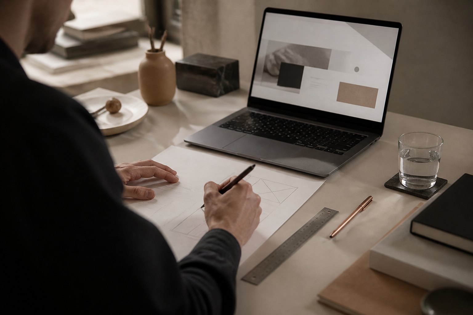 Wireframe-Skizze einer Landingpage neben einem Laptop