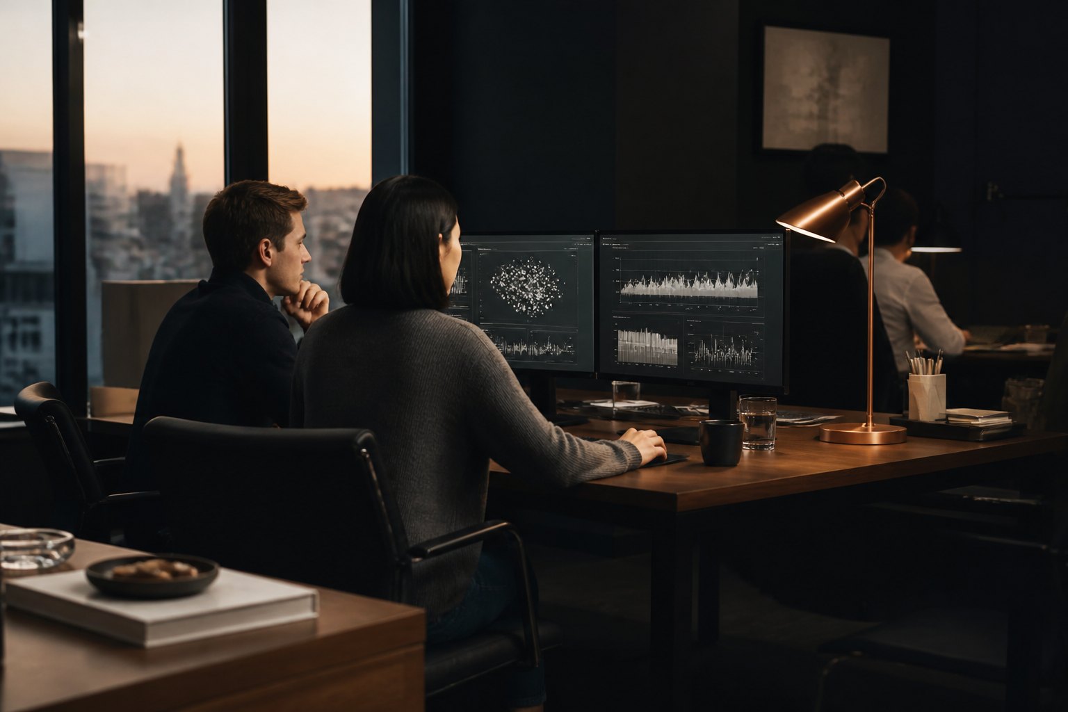 Kleines Performance-Team abends im dunklen Büro an Doppelmonitoren mit leuchtenden Dashboards