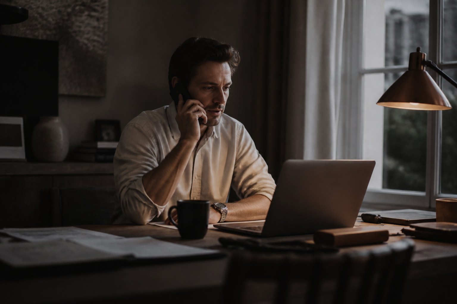 Abends allein am Schreibtisch, Telefon in der Hand, Laptop offen