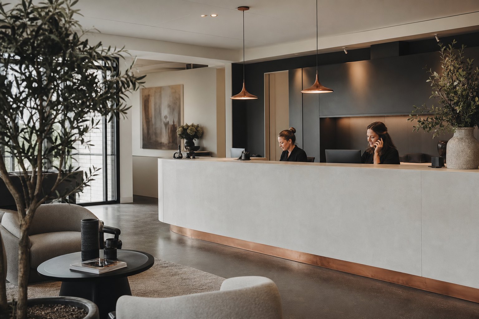 Moderne Praxisrezeption mit zwei Mitarbeiterinnen hinter dem Tresen, eine telefoniert, dahinter der Wartebereich