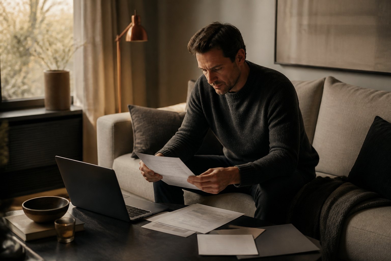 Person auf dem Sofa mit Laptop vergleicht Verträge, Abrechnungen liegen auf dem Couchtisch
